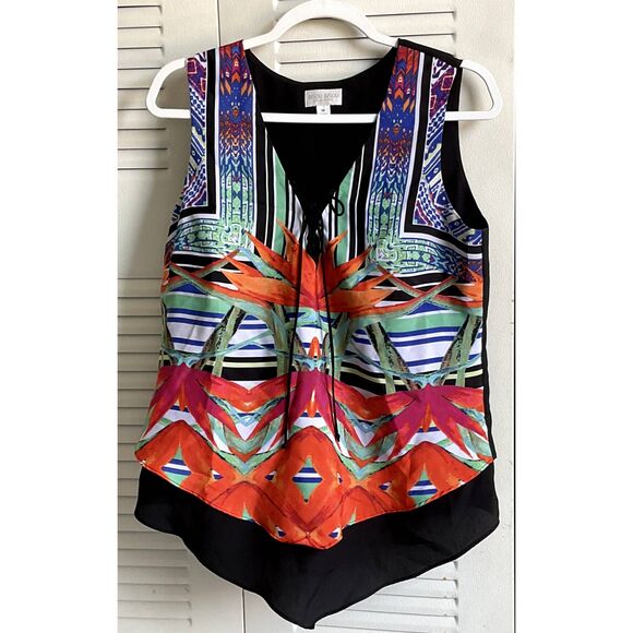 BISOU BISOU Women's Blouse Size M Black Tropical Tank Michele Bohbot #6 - Picture 1 of 5